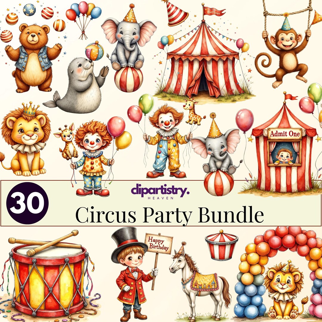 Circus Party Clipart Bundle, Cute Circus Animals & Clowns PNG, Carnival ...
