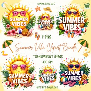 Summer Vibes PNG Clipart Bundle – Tropical, Kawaii Sun, Pineapple, Beach, Ice Cream, Flip Flops, Flowers – Summer Sublimation & Scrapbooking