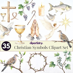 Könnte beinhalten: Aquarell-Cliparts mit verschiedenen christlichen Symbolen. Enthält ein Holzkreuz, einen Kelch, eine Taube, einen Engel, betende Hände, einen Fisch, eine Kerze, einen Stern, Trauben und eine Dornenkrone. Der Text lautet "35 Christian Symbols Clipart Set."