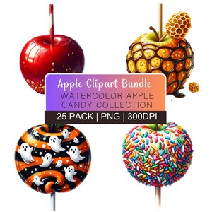 Puede incluir: Un conjunto de cuatro imágenes de clipart de manzana de acuarela. Las manzanas están decoradas con diferentes diseños de dulces, incluyendo fantasmas, chispas, panal y chocolate. El texto "Apple Clipart Bundle Watercolor Apple Candy Collection 25 Pack | PNG | 300DPI" se muestra en un fondo morado y rosa.
