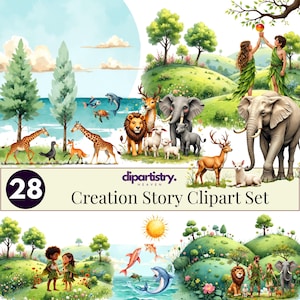 Puede incluir: Un conjunto de imágenes prediseñadas digitales titulado "Creation Story" con ilustraciones de animales, personas y paisajes. La imagen incluye jirafas, elefantes, leones, ciervos y personas en un estilo vibrante y colorido. El conjunto incluye el número "28".