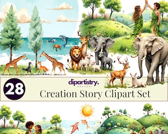 May include: A digital clipart set titled "Creation Story" featuring illustrations of animals, people, and landscapes. The image includes giraffes, elephants, lions, deer, and people in a vibrant, colorful style. The set includes the number "28".