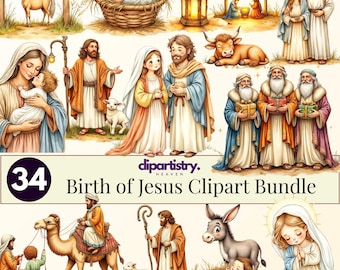 May include: A digital clipart bundle titled "Birth of Jesus" featuring illustrations of the nativity scene. The images include depictions of Mary, Joseph, baby Jesus, the three wise men, animals, and other related elements. The bundle includes 34 individual clipart images.