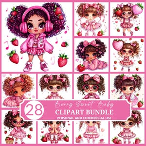 Berry Sweet Baby Clipart, Cute Strawberry Clipart, Baby Shower Invite Art, Little Black Girl Cartoon, Instant Download for Party Decor