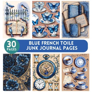 Blau Französisch Toile Junk Journal Kit Shabby Chic Druckbare Junk Journaling Papiere Digitaler Download Vintage Ästhetische Junk Journal Versorgung