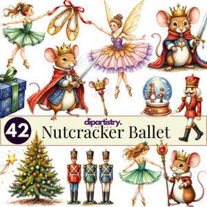 Peut inclure: Illustrations à l'aquarelle sur le thème du ballet Casse-Noisette, avec une ballerine, des souris royales, un casse-noisette et des soldats de plomb. L'image comprend également un sapin de Noël, des chaussons de danse et une boule à neige. Le texte indique "42 Nutcracker Ballet".