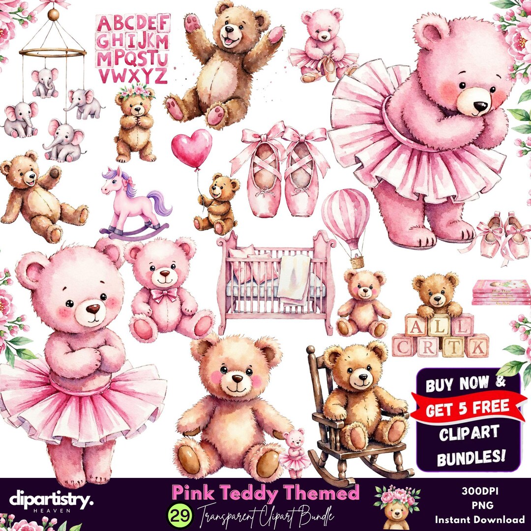 Pink Teddy Bear Clipart Bundle With Bear Hot Air Balloon | Cute Bear ...