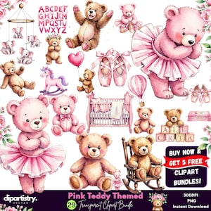 Pink Teddy Bear Clipart Bundle with Bear Hot Air Balloon | Cute Bear Graphics and Teddy Bear Cliparts for Baby Girl Shower Crafts