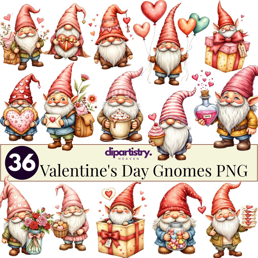 Valentine’s Day Gnomes Clipart Bundle | Cute Romantic Gnome PNG Pack ...
