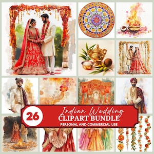 Clipart de casamento indiano - PNGs de alta qualidade - Download instantâneo - Uso comercial - Design de saris de moda, clipart de aquarela de noiva e noivo