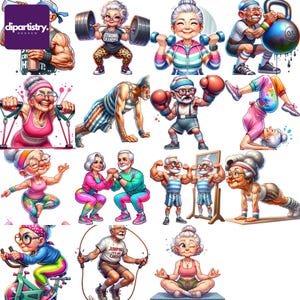 Clipart esilarante della palestra della nonna d'epoca - Arte divertente per anziani per artigianato e diario - Download immediato di design PNG con uso commerciale