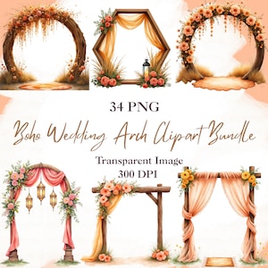 Boho Wedding Arch Clipart - Boho Brautbogen PNGs, Blumenhochzeitsbogen Dekor, romantisches Aquarell Clipart Bundle