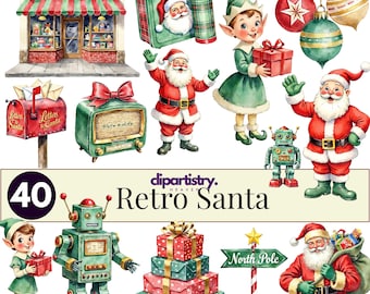 May include: Watercolor illustrations of Christmas-themed items. Includes Santa Claus, elves, a vintage toy shop, a mailbox, a radio, a robot, gift boxes, ornaments, a suitcase, and a North Pole sign. The text "Retro Santa" is also visible.