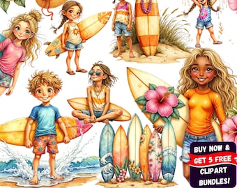 Surfing Clipart Bundle: Beach Kids, Ocean Waves (PNG Digital Download)
