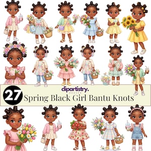 以下が含まれることがあります： 春をテーマにした、バンツーノットの黒人少女27人のデジタルイラスト。パステルカラーの衣装を着て、花、バスケット、飲み物を持っています。「Spring Black Girl Bantu Knots」の文字も表示されています。