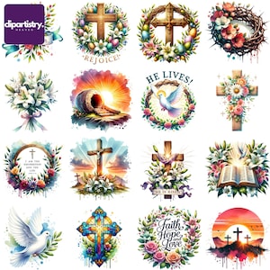 Paquete de 16 imágenes prediseñadas de Pascua religiosa Arte digital vibrante de Pascua para celebrar la esperanza y la renovación Arte cristiano basado en la fe: Jesús ha resucitado