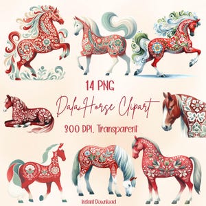 Pacchetto di clipart di cavalli Dala ad acquerello / PNG di arte popolare scandinava / Illustrazioni di cavalli svedesi rossi / PNG di cavalli floreali boho