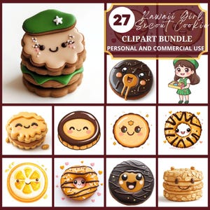 Clipart de galletas de Girl Scouts Kawaii: lindos personajes de galletas para manualidades, proyectos de bricolaje, gráficos digitales, galletas PNG, uso comercial