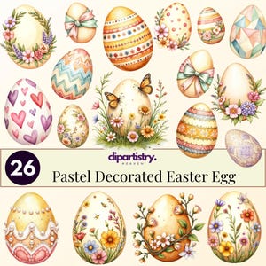 May include: A collection of 26 pastel-colored Easter eggs with various designs, including floral patterns, hearts, and geometric shapes. Some eggs feature bows and butterflies. The text "Pastel Decorated Easter Egg" is visible.
