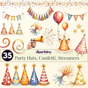 May include: Watercolor illustration featuring party hats, confetti, and streamers. The image includes various party hats with stripes, stars, and numbers. There are also colorful banners, balloons, and confetti. The text in the image says "Party Hats, Confetti, Streamers."