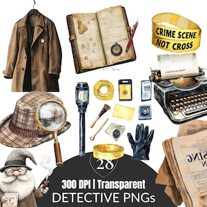 Watercolor Detective Clipart, Private Investigator PNG, Mystery Crime Scene Graphics, Spy Clip Art, Digital Download for Junk Journals