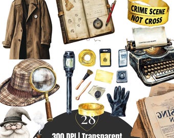 Watercolor Detective Clipart: Mystery Crime Scene PNG (Digital Download)