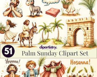Palm Sunday Clipart Set of 51 PNG Christian Hosanna Illustrations for Easter Arts and Crafts Projects
