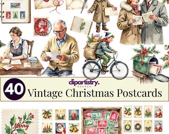 Vintage Weihnachtspostkarten Clipart Bundle - 40 PNG, Retro Weihnachtsillustrationen (digitaler Download)