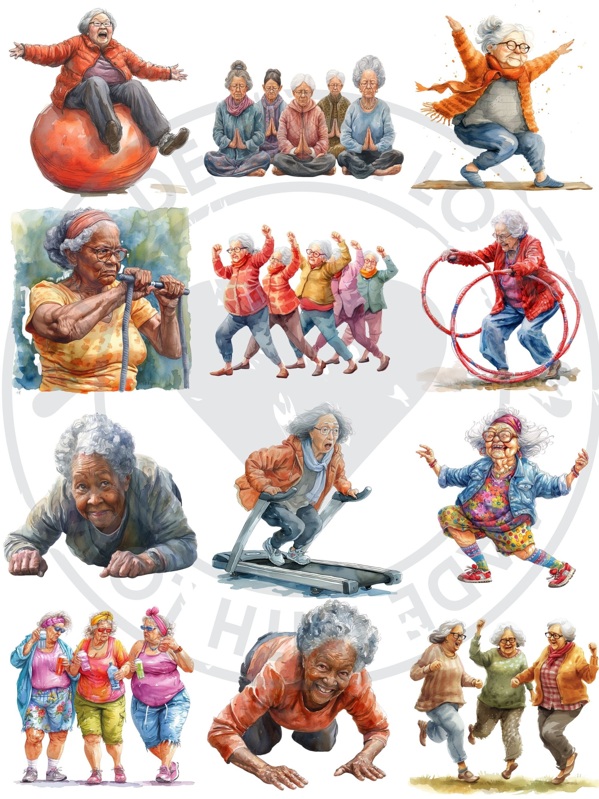Funny Old Ladies Exercising Clipart Bundle Watercolor PNG Collection
