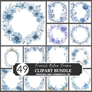 Franse blauw frame clipartbundel, toile de jouy bloemenrand png, vintage sierlijst, barokke bruiloft uitnodiging illustraties