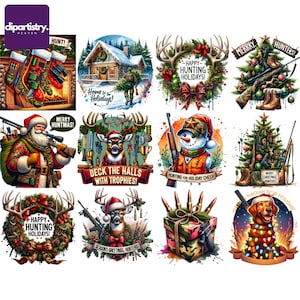 Imágenes PNG de caza de ciervos, paquete de ciervos, patos y Navidad con gorros y luces de Papá Noel para manualidades y decoraciones navideñas con uso comercial.