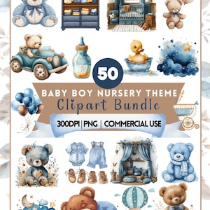 Boho Baby Boy Shower Clipart Bundle - Watercolor Teddy & Nursery Decor - Blue Balloons, Its a Boy, PNG Format, 300dpi, Commercial Use