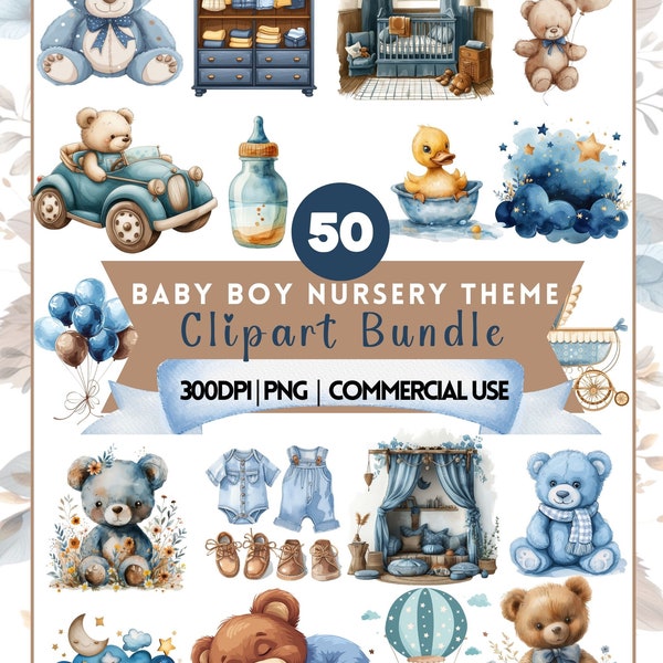 Boho Baby Boy Shower Clipart Bundle - Watercolor Teddy & Nursery Decor - Blue Balloons, Its a Boy, PNG Format, 300dpi, Commercial Use