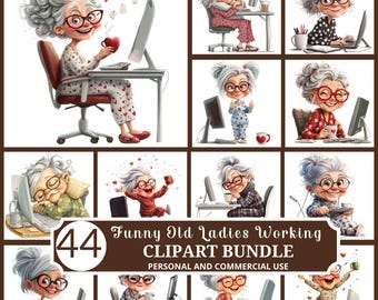 Funny Tech Granny Clipart Bundle: Whimsical Elderly Woman PNGs (Digital Download)
