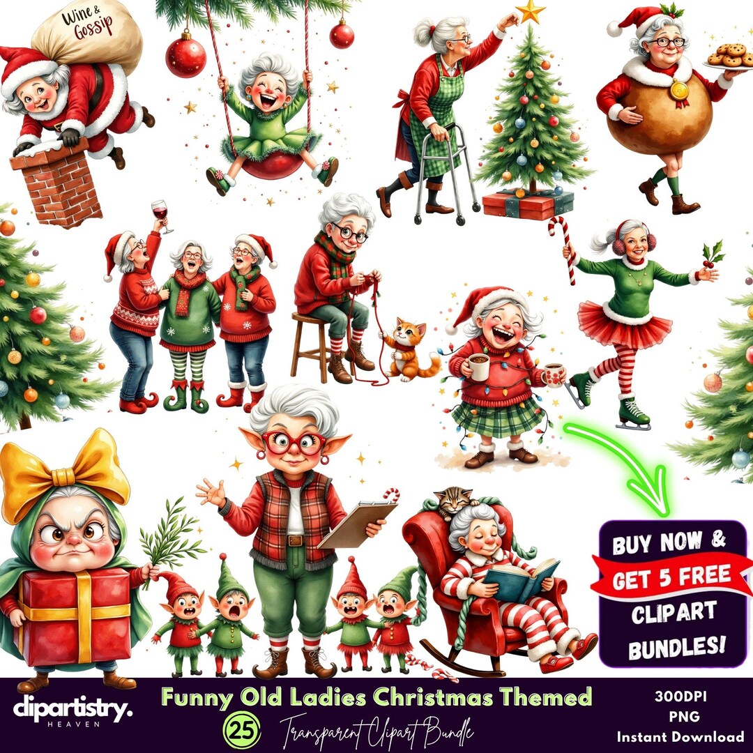 Funny Old Ladies Clipart Bundle for Sublimation, Granny Cartoon PNG ...