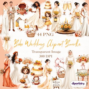 Bundle de cliparts mariage bohème – 44 illustrations PNG pour les mariées, les mariés, les demoiselles d'honneur, les demoiselles d'honneur et les robes à fleurs
