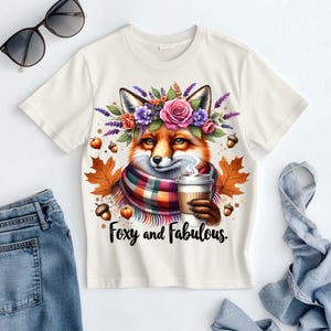 Conception de t-shirt renard avec couronne de fleurs aquarelle, animal de la forêt mignon PNG pour streetwear, téléchargement numérique de mode de la faune