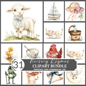 Clipart BundleDigital Watercolor Nursery Rhyme Clipart Storybook Illustrations Kids Art Fairytale Decor Cute Animal Baby Shower Printable PN