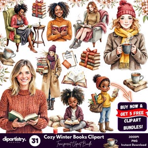 Cozy Winter Books Clipart Bundle, 31 PNG Reading Women, Coffee and Books Sublimation, Book Lover Clipart, Winter Reading PNG, Cozy Girl Art