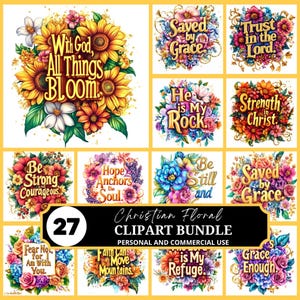 Floral Christian PNG Bundle - Bible Verse Clipart, Faith Hope Love Designs, Religious Bundle for Sublimation, Christian Quotes Graphics