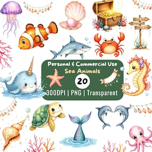 Aquarell unter dem Meer Tiere Clipart Bundle, Pastell Ozean Kreaturen PNG, Baby Dusche Kindergarten Meer Leben Clipart für Kinder Dekor