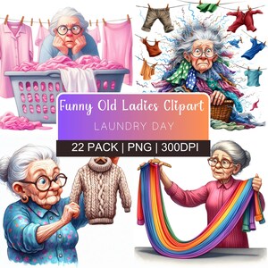 Funny Old Ladies Clipart Watercolor Style About Old Funny Ladies Household Chores and Laundry Day Clipart for Lifestyle Bloggers in 300DPI