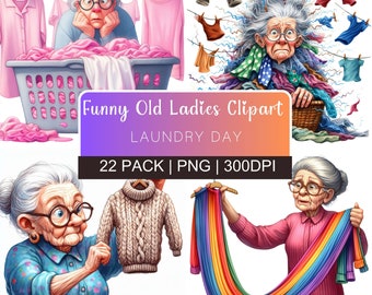Funny Old Ladies Clipart Watercolor Style About Old Funny Ladies Household Chores and Laundry Day Clipart for Lifestyle Bloggers in 300DPI