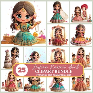 Indiase kawaii chibi meisje bruiloft clipartbundel schattige cartoon bruid bruidegom illustraties traditionele Indiase kunst voor uitnodigingen feestelijk decor