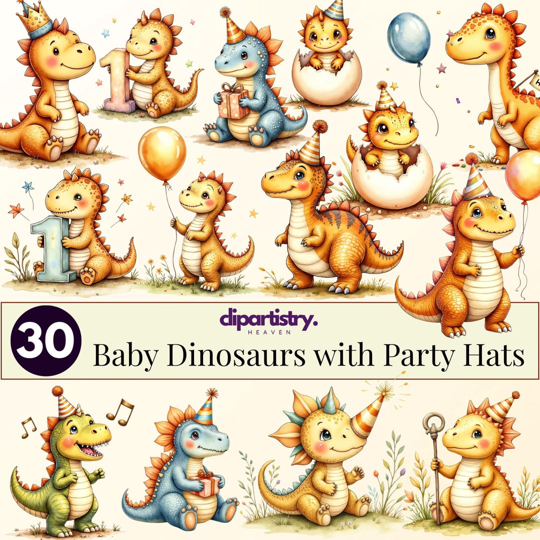 Baby Dinosaur Clipart Bundle – Baby Dinosaurs With Party Hats PNG, Cute ...
