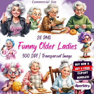 Pacote de clipart engraçado de velhinhas | PNGs de vovós atrevidas para sublimação | Ilustrações de humor | 26 arquivos PNG digitais para artesanato