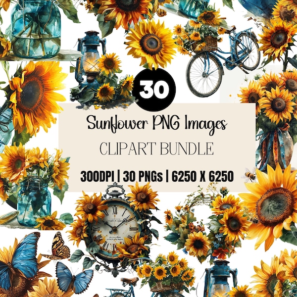 Bundle PNG tournesol, aquarelles, éléments mixtes, horloges, couronnes, vélos, abeilles, lanternes, téléchargement numérique, créateurs, publicité