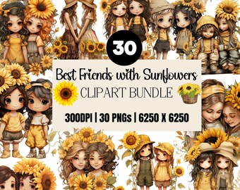 Sunflower Best Friend Clipart PNG Pack, 20 Designs (Digital Download)