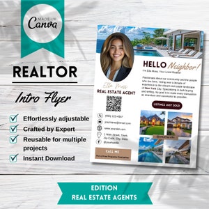 Modèle de lettre d'introduction pour agent immobilier - Flyer Canva immobilier engageant, image de marque d'agent de quartier, agriculture et courrier marketing Hello Neighbour