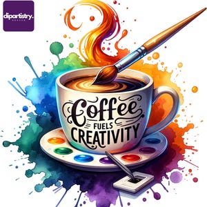 Puede incluir: Una taza de café blanca con el texto "Coffee fuels creativity" en ella. La taza está llena de café y un pincel está sumergido en el café. La taza está sobre una paleta de pintura colorida con un pincel y una pequeña bandeja de pintura.